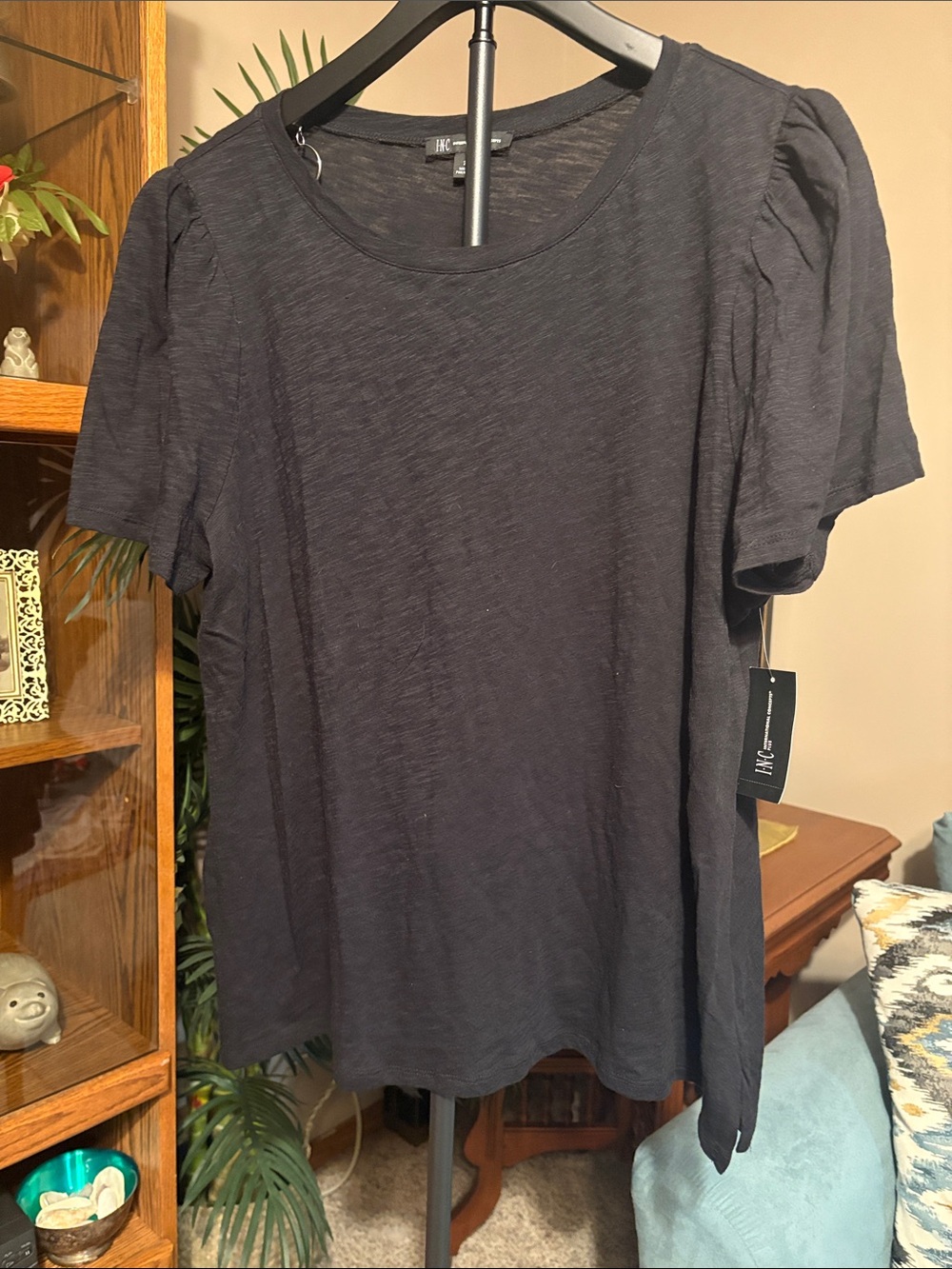 INC International Concepts Black Short Sleeve Scoop Neck Top
